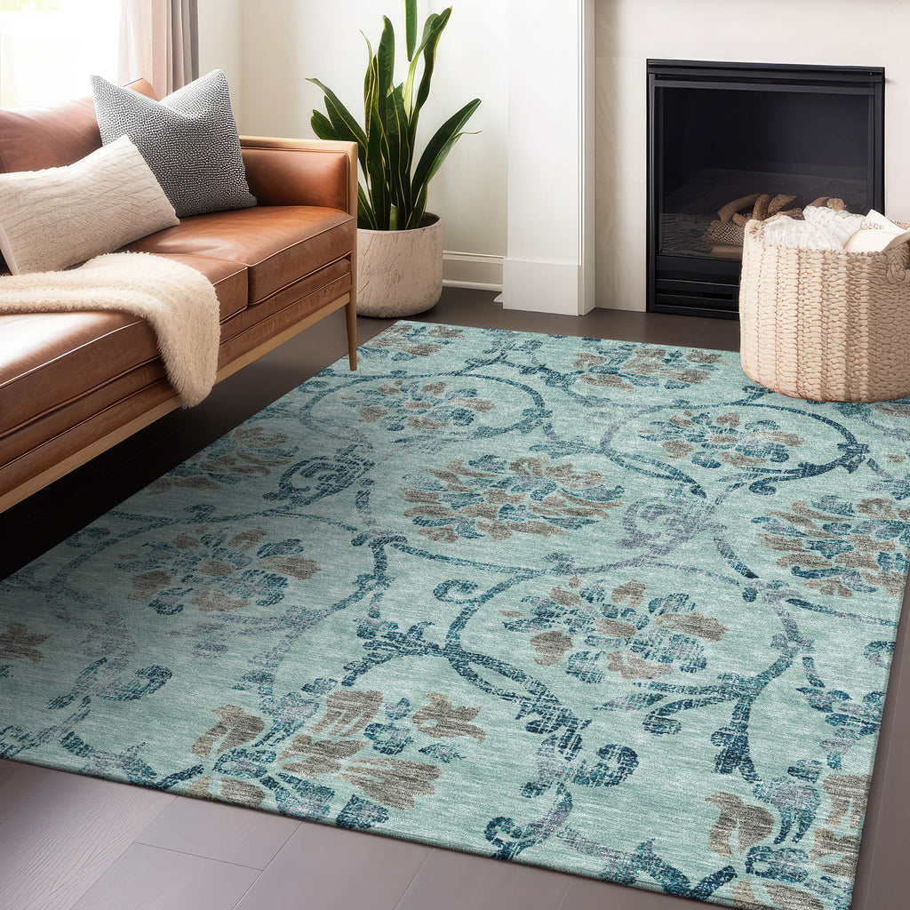 8' X 10' Teal And Gray Floral Washable Area Rug With UV Protection