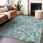 8' X 10' Teal And Gray Floral Washable Area Rug With UV Protection