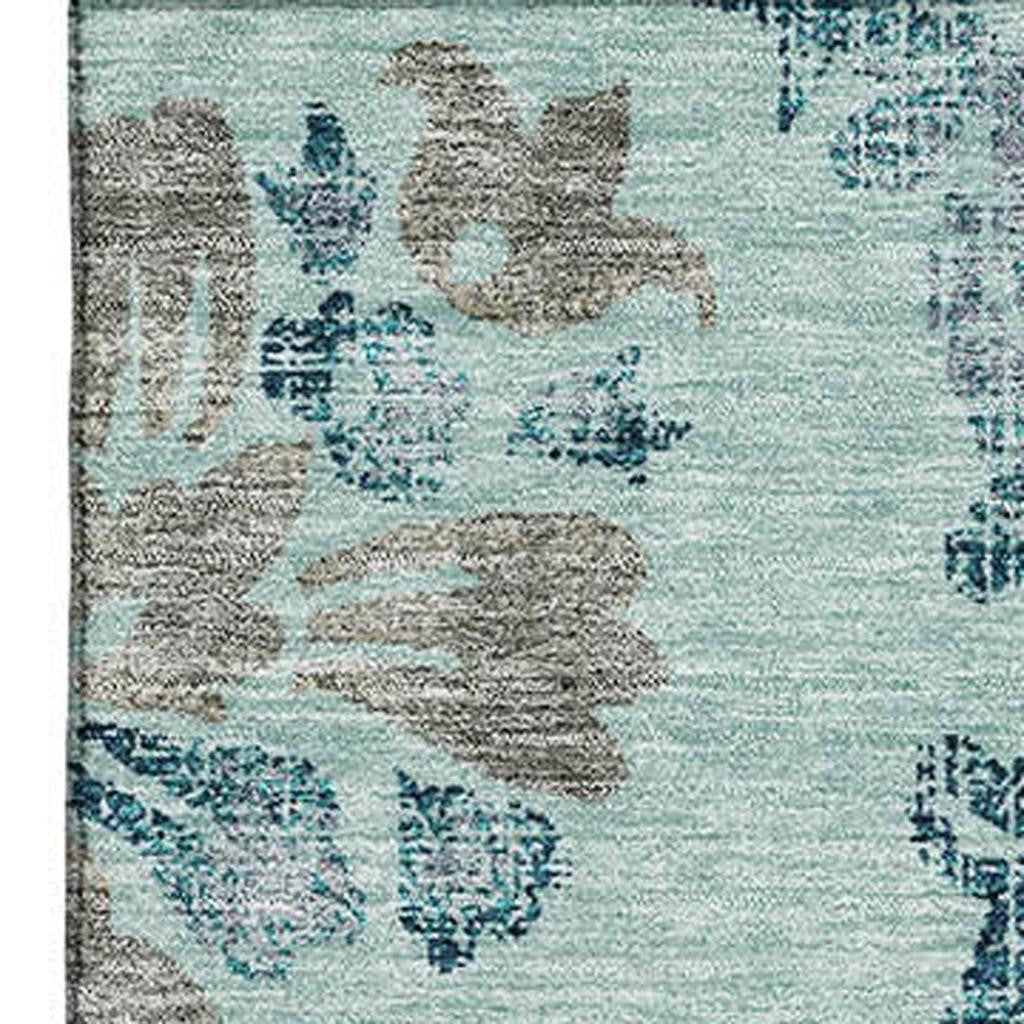 8' X 10' Teal And Gray Floral Washable Area Rug With UV Protection