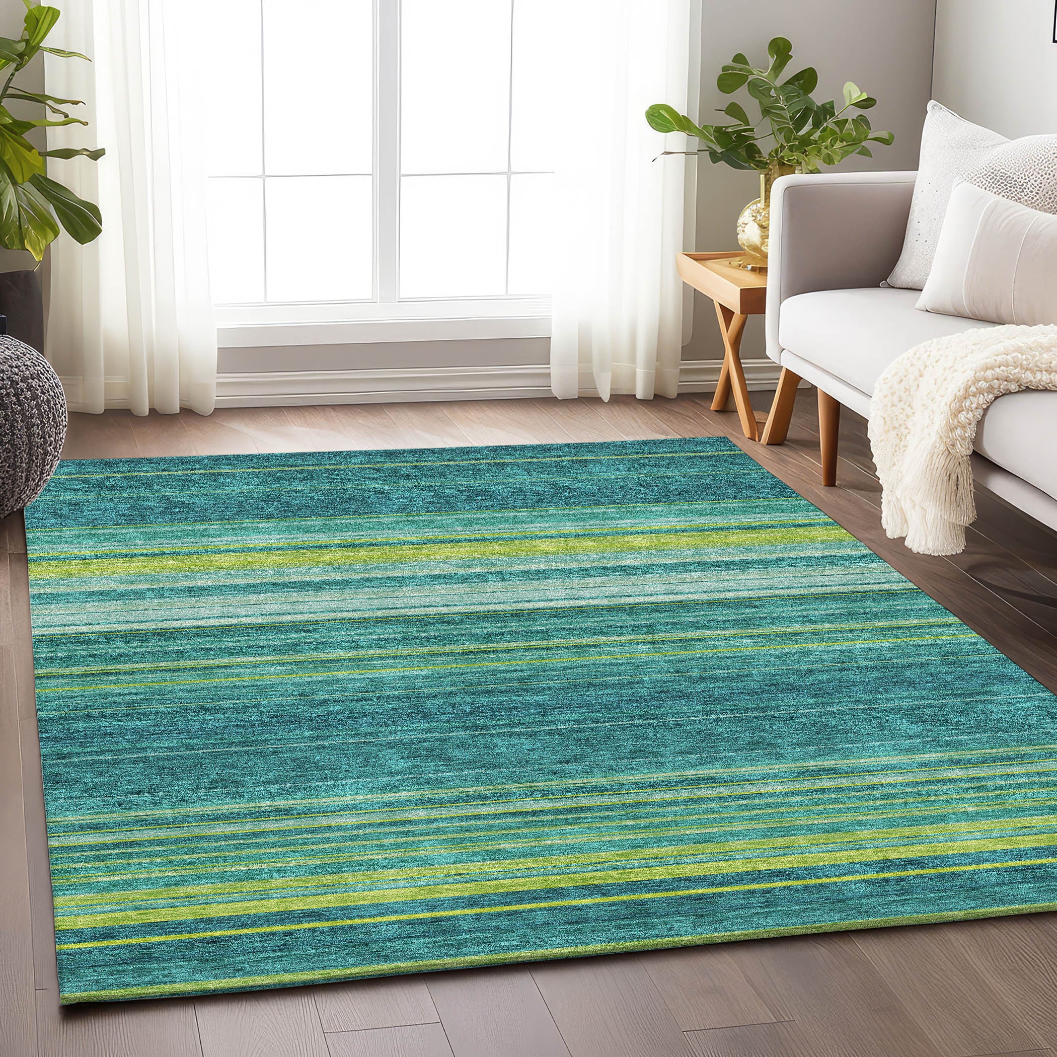 10' X 14' Teal Lime Green And Sky Blue Striped Washable Area Rug With UV Protection