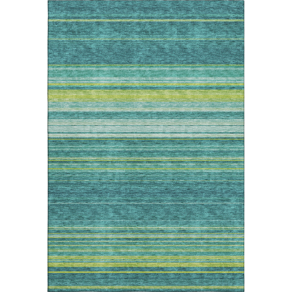10' X 14' Teal Lime Green And Sky Blue Striped Washable Area Rug With UV Protection