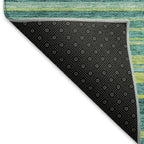 10' X 14' Teal Lime Green And Sky Blue Striped Washable Area Rug With UV Protection