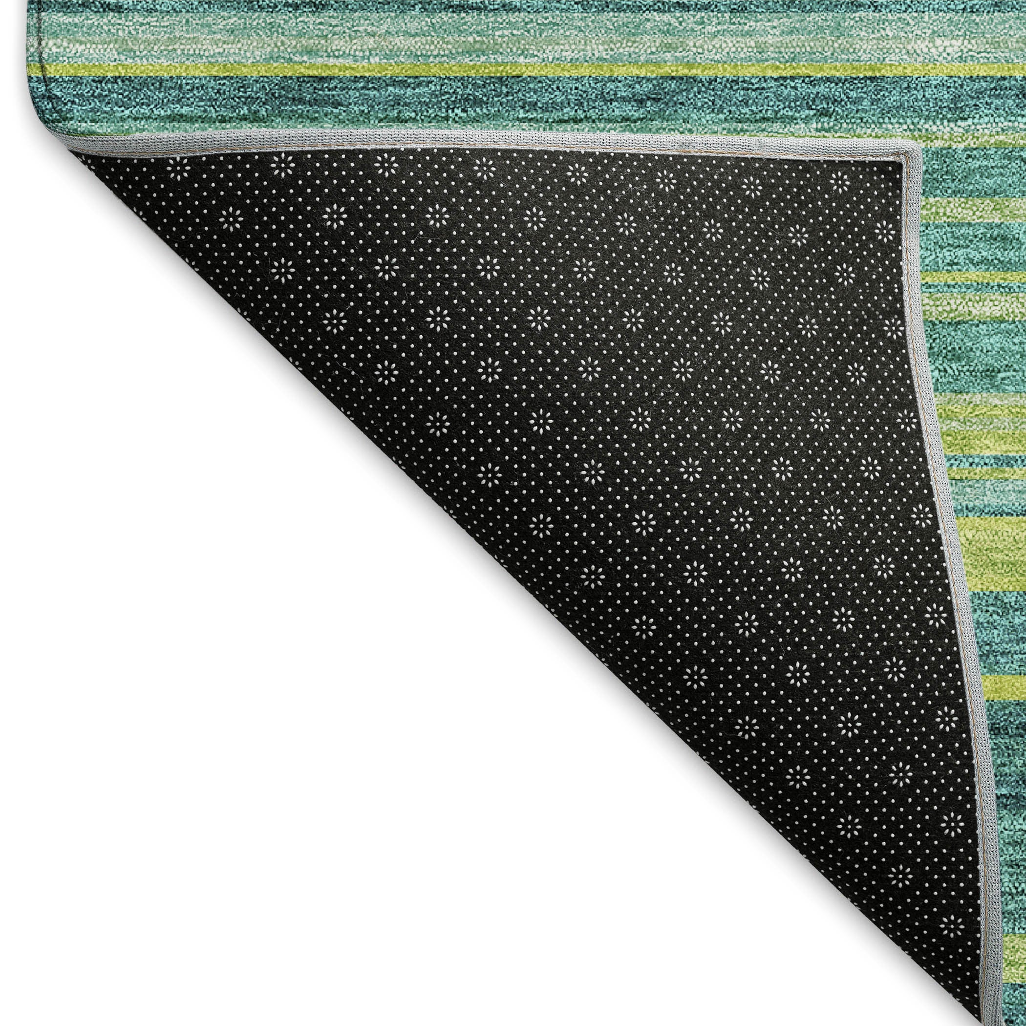 10' X 14' Teal Lime Green And Sky Blue Striped Washable Area Rug With UV Protection