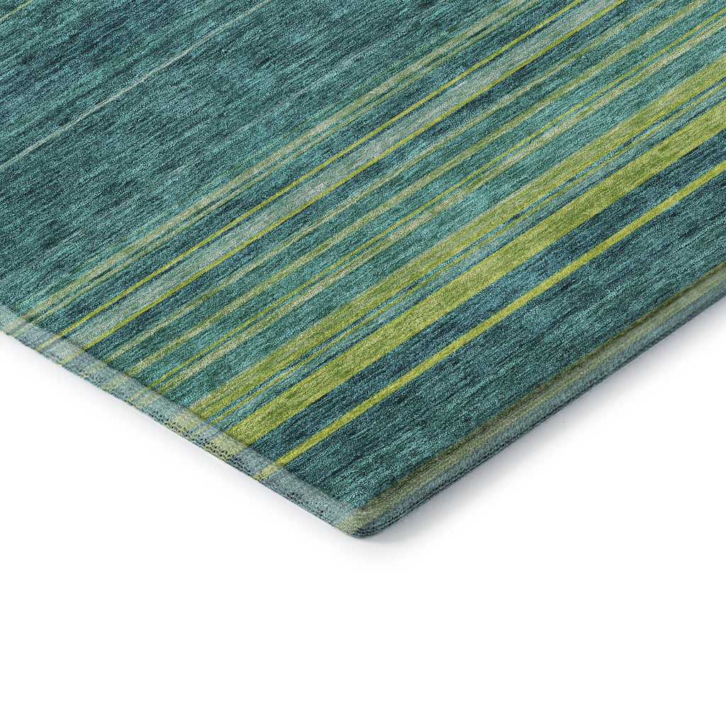 10' X 14' Teal Lime Green And Sky Blue Striped Washable Area Rug With UV Protection