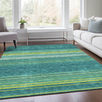 10' X 14' Teal Lime Green And Sky Blue Striped Washable Area Rug With UV Protection