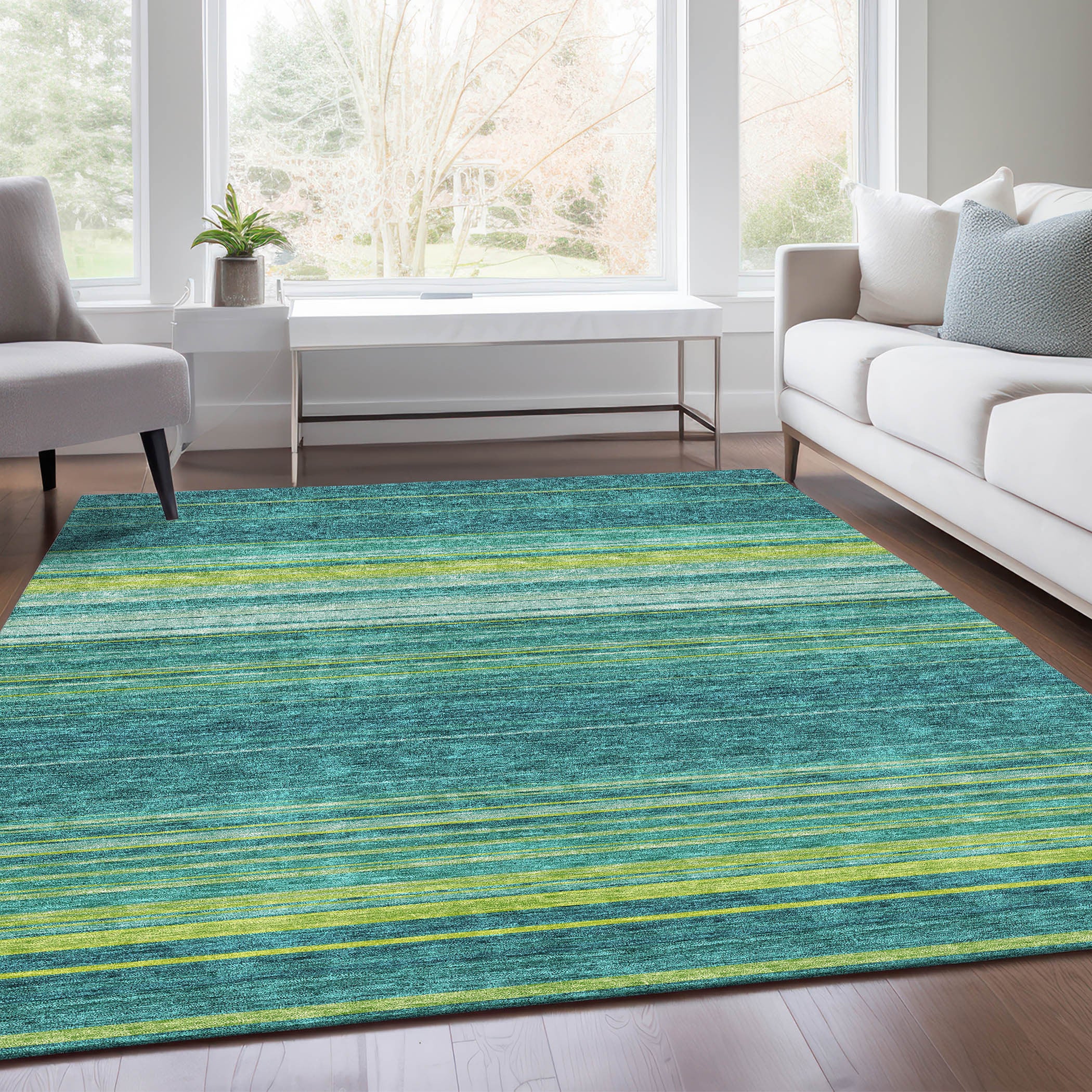 10' X 14' Teal Lime Green And Sky Blue Striped Washable Area Rug With UV Protection