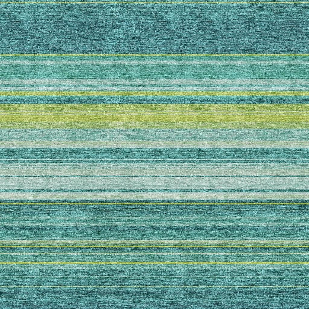 10' X 14' Teal Lime Green And Sky Blue Striped Washable Area Rug With UV Protection