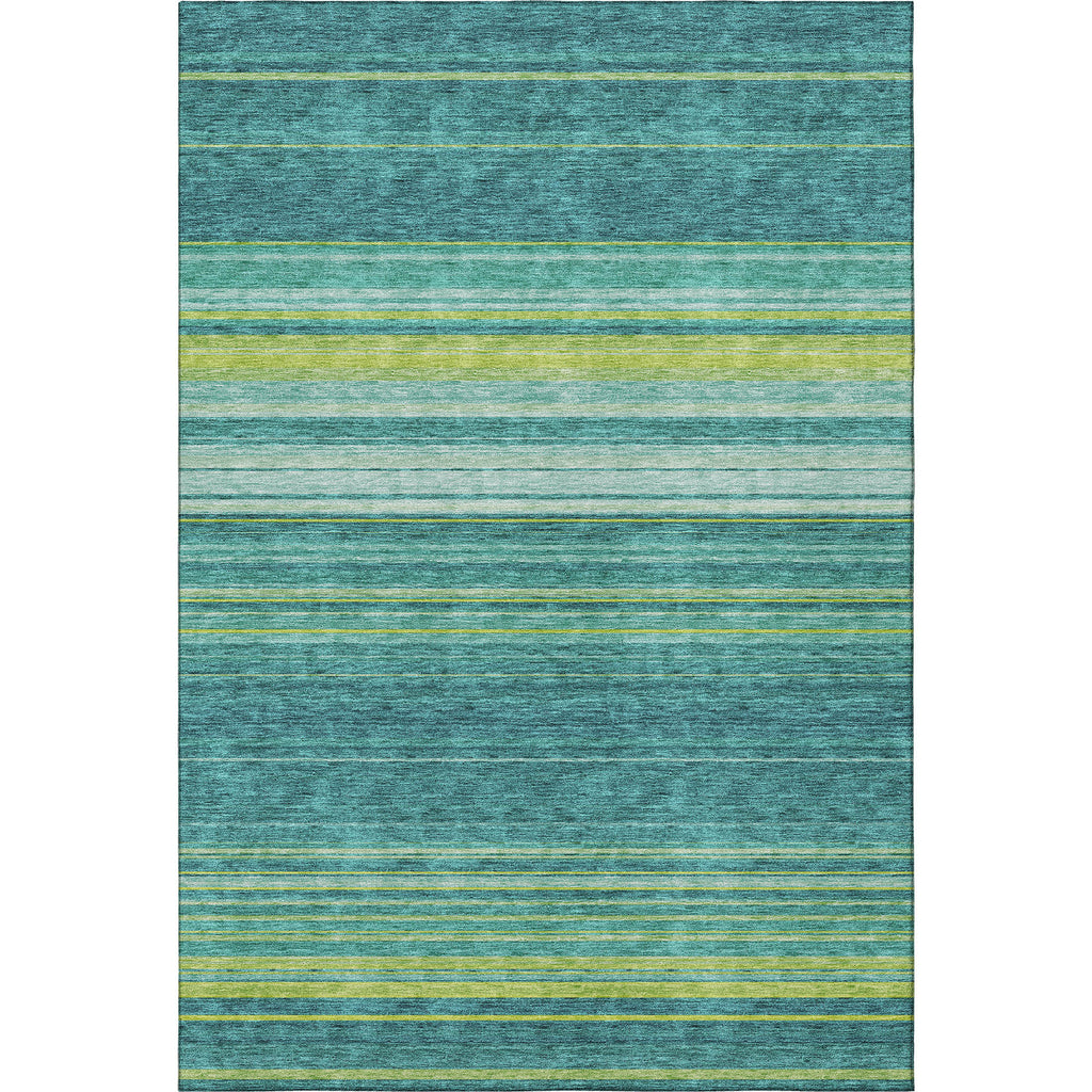 10' X 14' Teal Lime Green And Sky Blue Striped Washable Area Rug With UV Protection