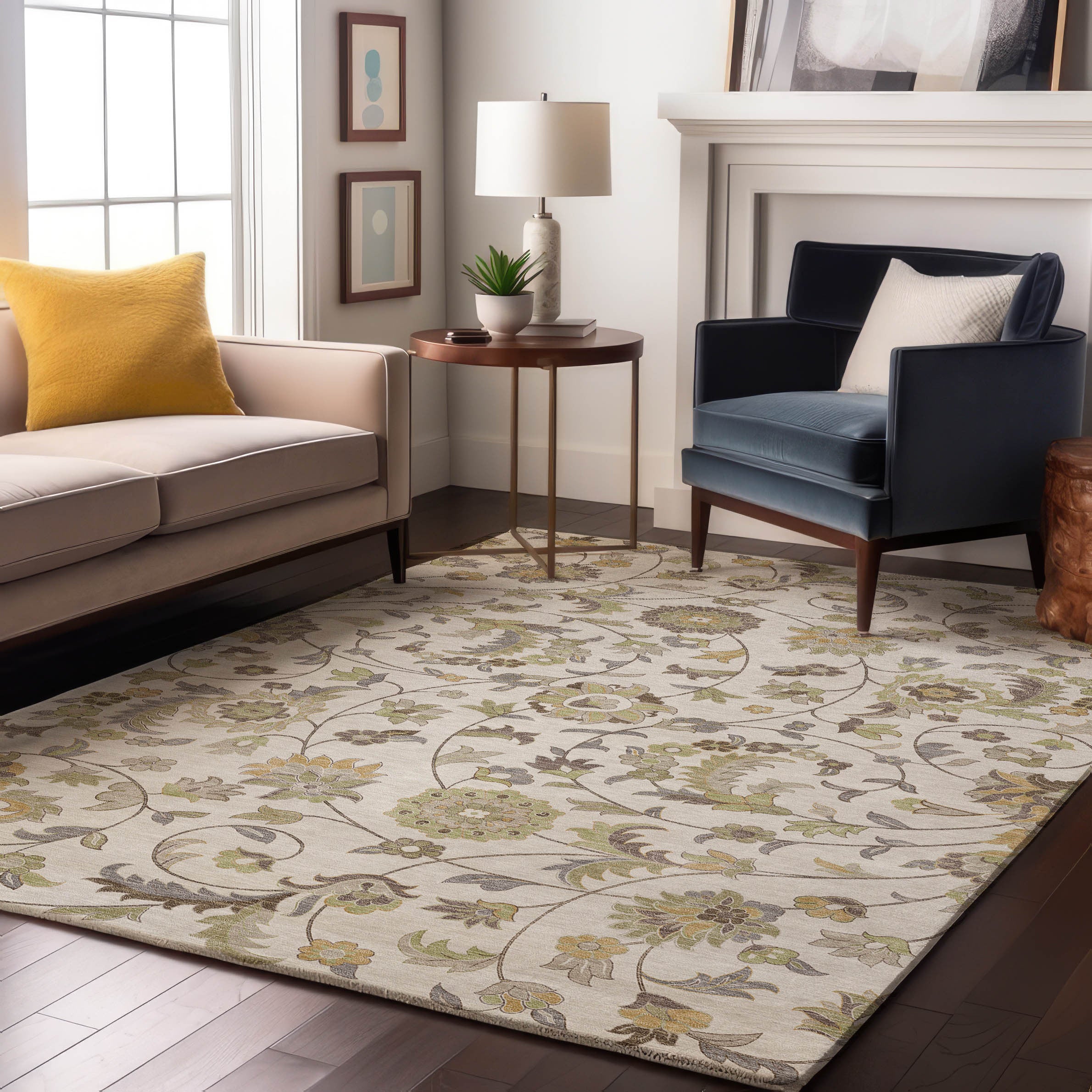 8' X 10' Ivory Copper And Gray Floral Washable Area Rug With UV Protection-2