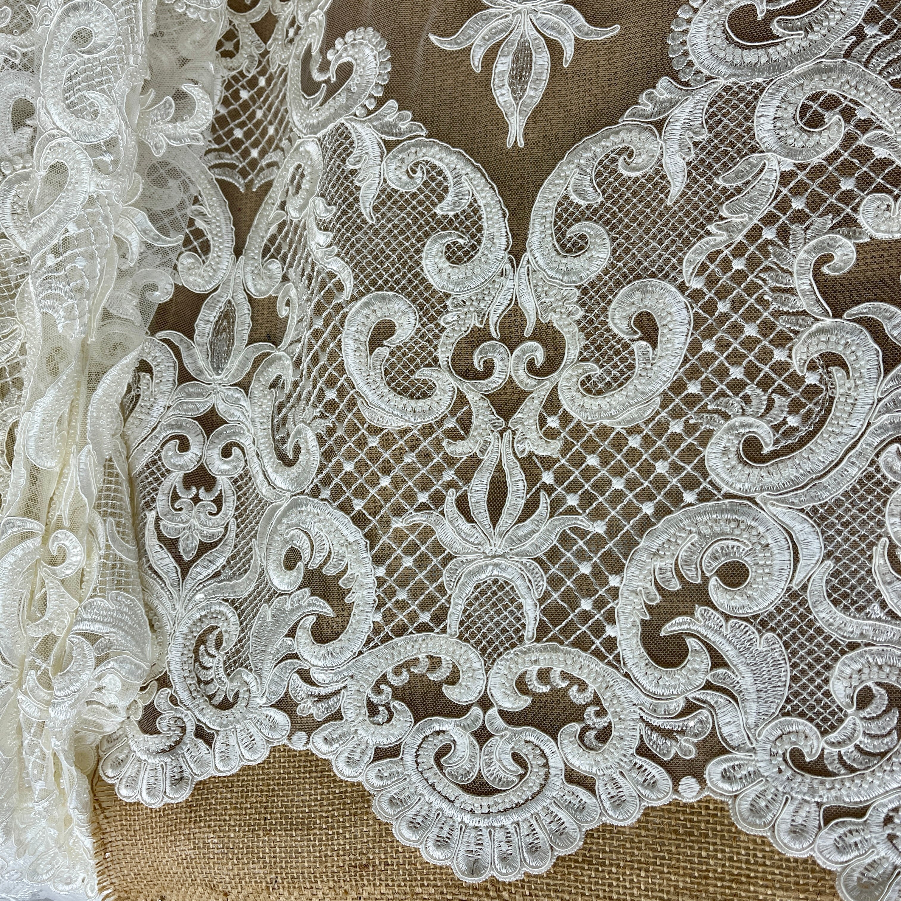 Beaded & Corded Bridal Lace Fabric Embroidered on 100% Polyester Net Mesh | Lace USA - GD-55924-1