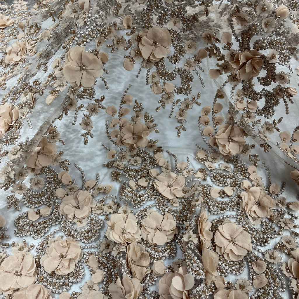 Beaded 3D Floral Lace Fabric Embroidered on 100% Polyester Net Mesh 
| Lace USA - GD-362-1