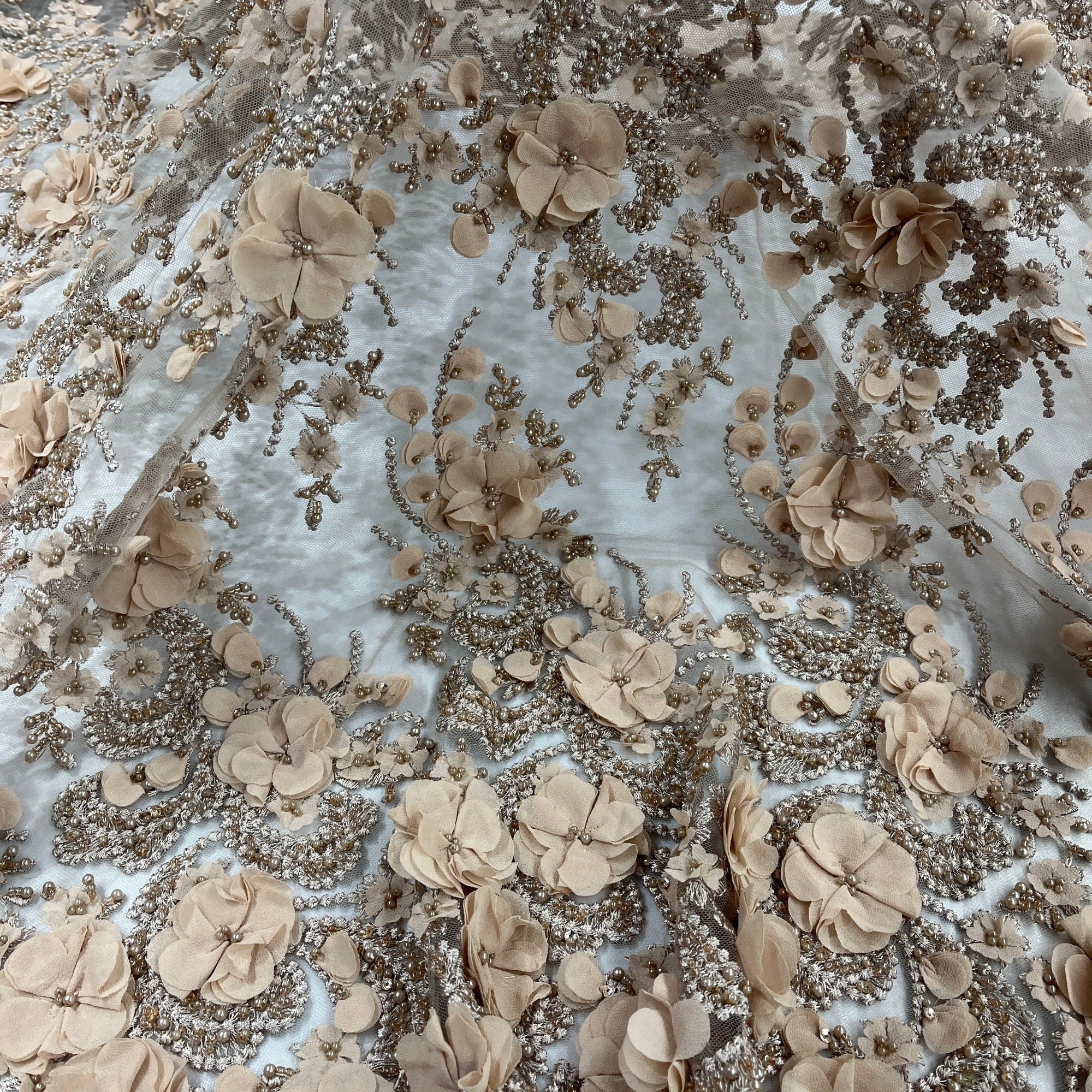 Beaded 3D Floral Lace Fabric Embroidered on 100% Polyester Net Mesh 
| Lace USA - GD-362-1