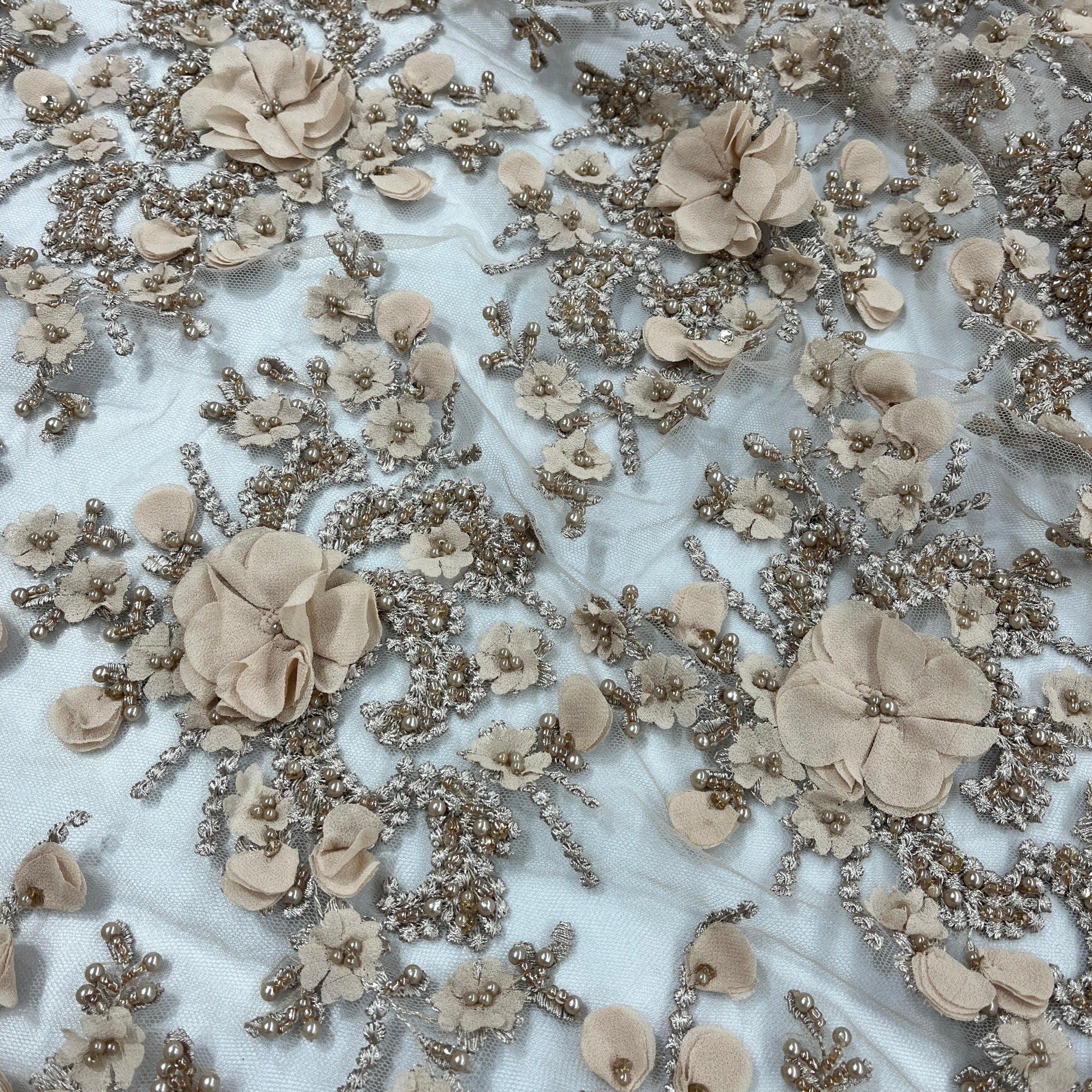 Beaded 3D Floral Lace Fabric Embroidered on 100% Polyester Net Mesh 
| Lace USA - GD-362-2