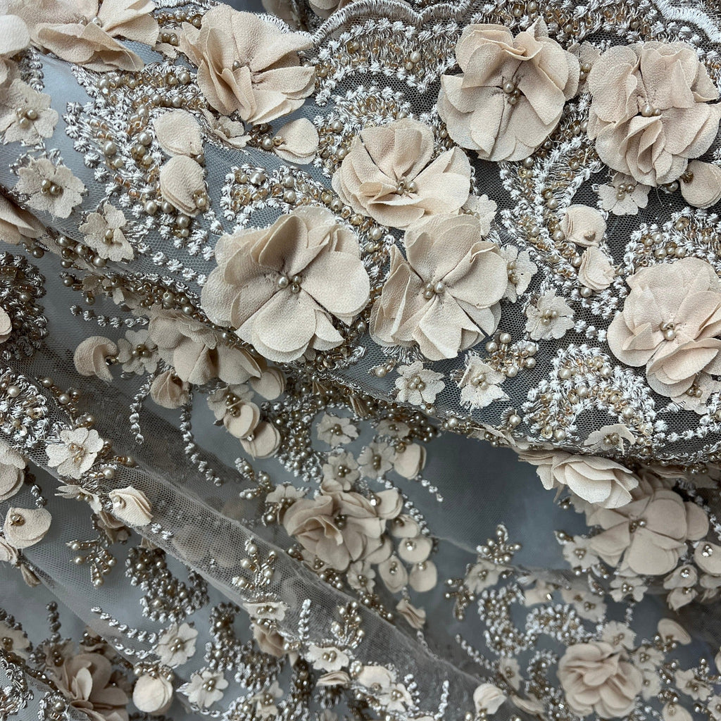 Beaded 3D Floral Lace Fabric Embroidered on 100% Polyester Net Mesh 
| Lace USA - GD-362-4