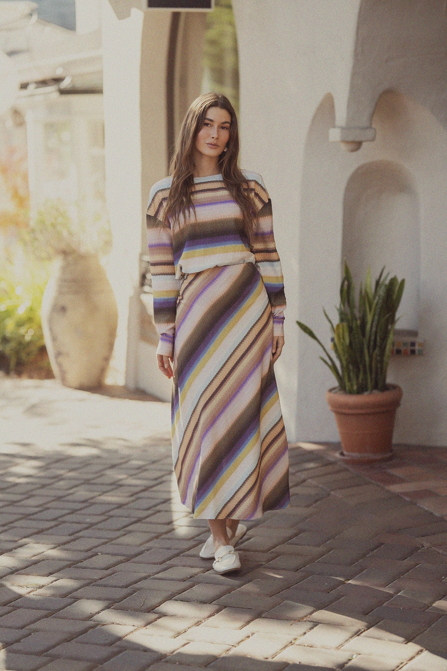 Printed Linen Blend Slip Skirt-Ombre Stripe