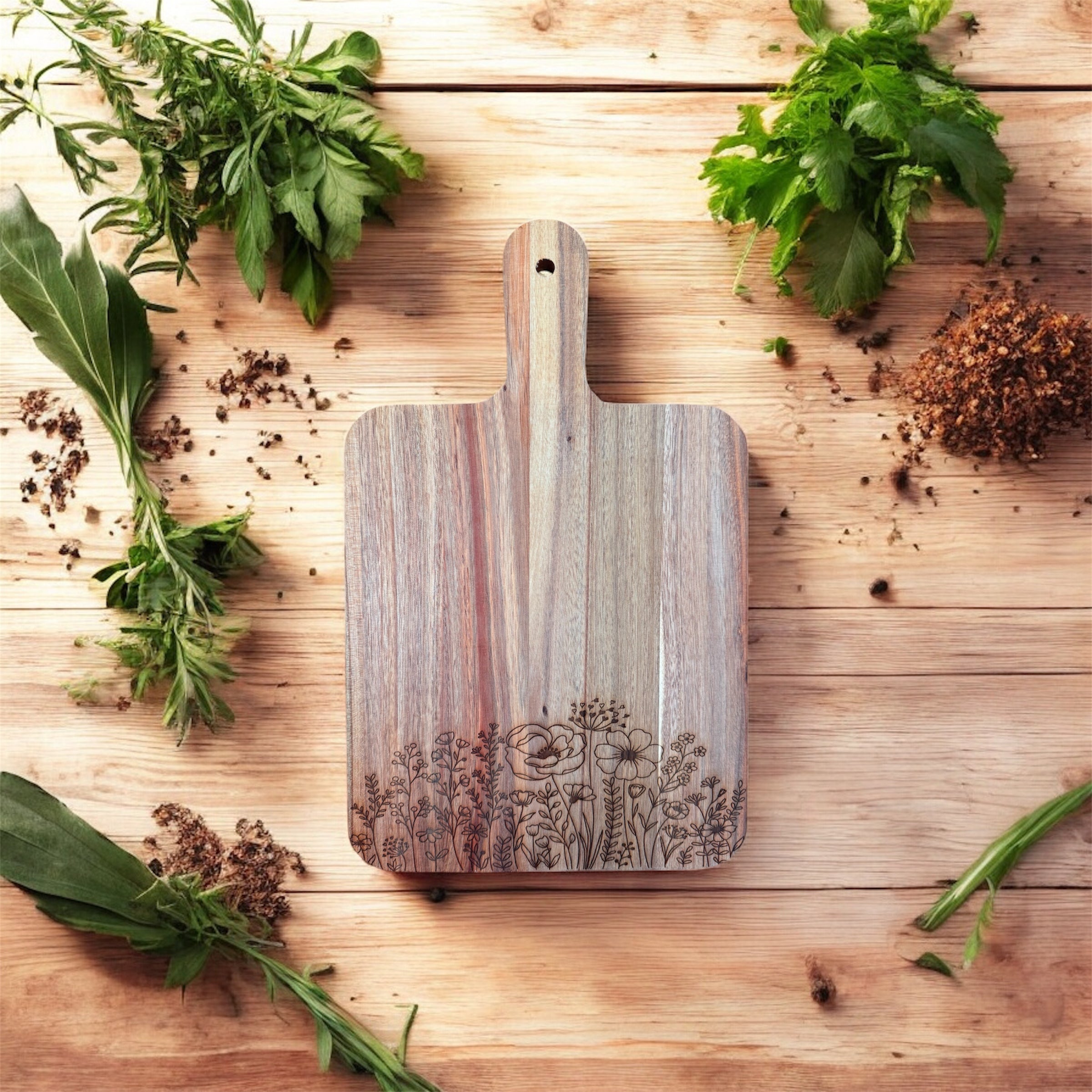Acacia Cutting Board, Engraved Cutting Board, Floral