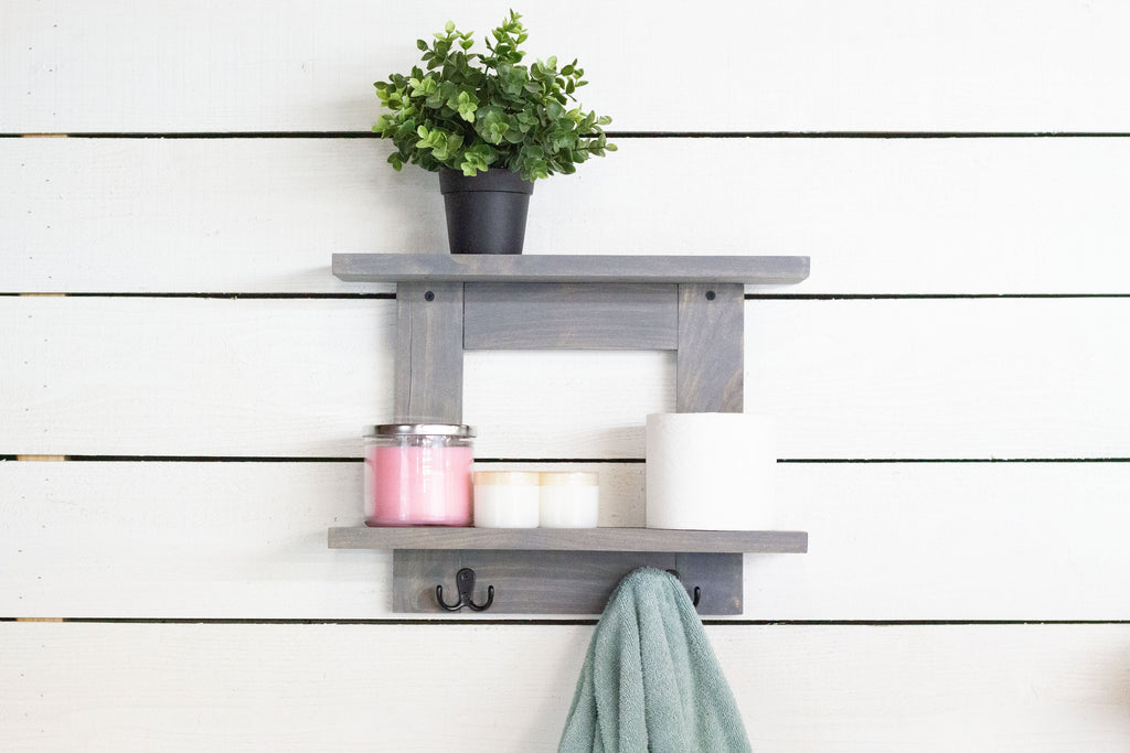 Bathroom Wall Shelf with 2 Double Towel Hooks