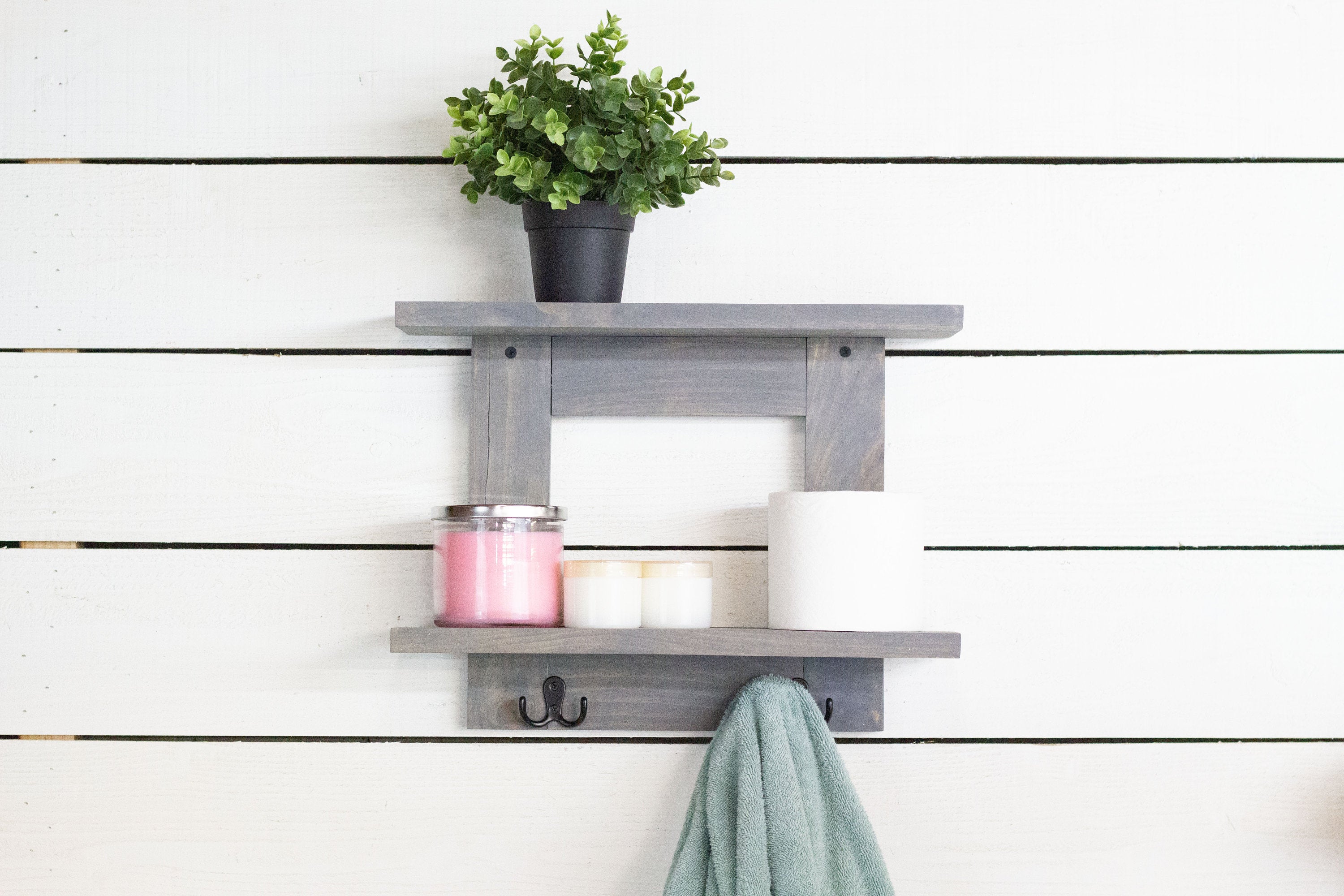 Bathroom Wall Shelf with 2 Double Towel Hooks