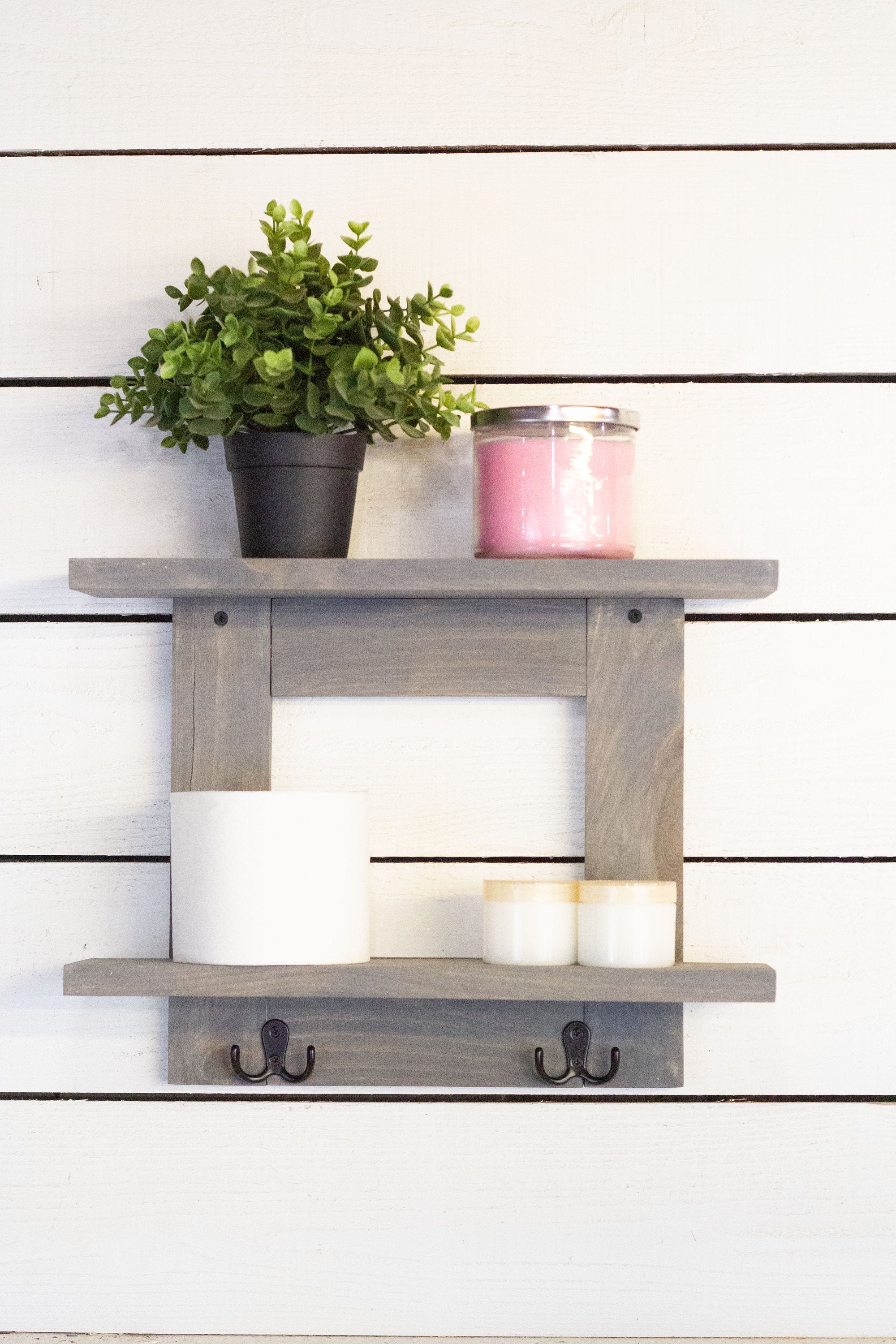 Bathroom Wall Shelf with 2 Double Towel Hooks