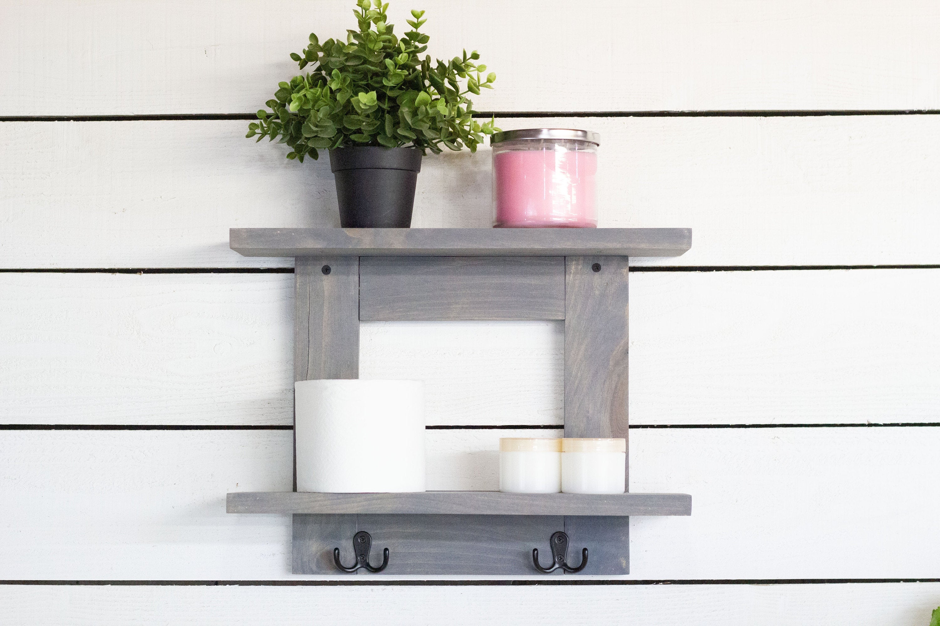 Bathroom Wall Shelf with 2 Double Towel Hooks