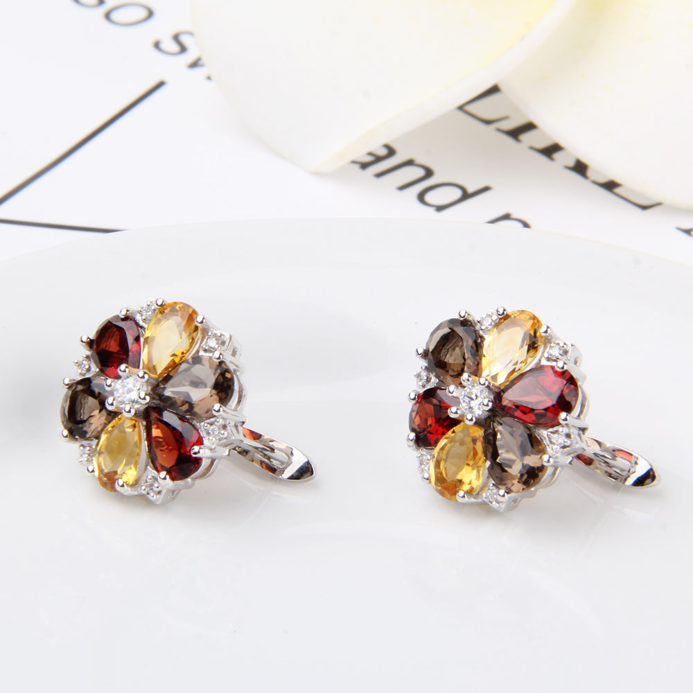 7.72ct Citrine Garnet Smoky Quartz Stone Real 925 Sterling Silver Classic Trendy Flower Shape Women Fine Jewelry