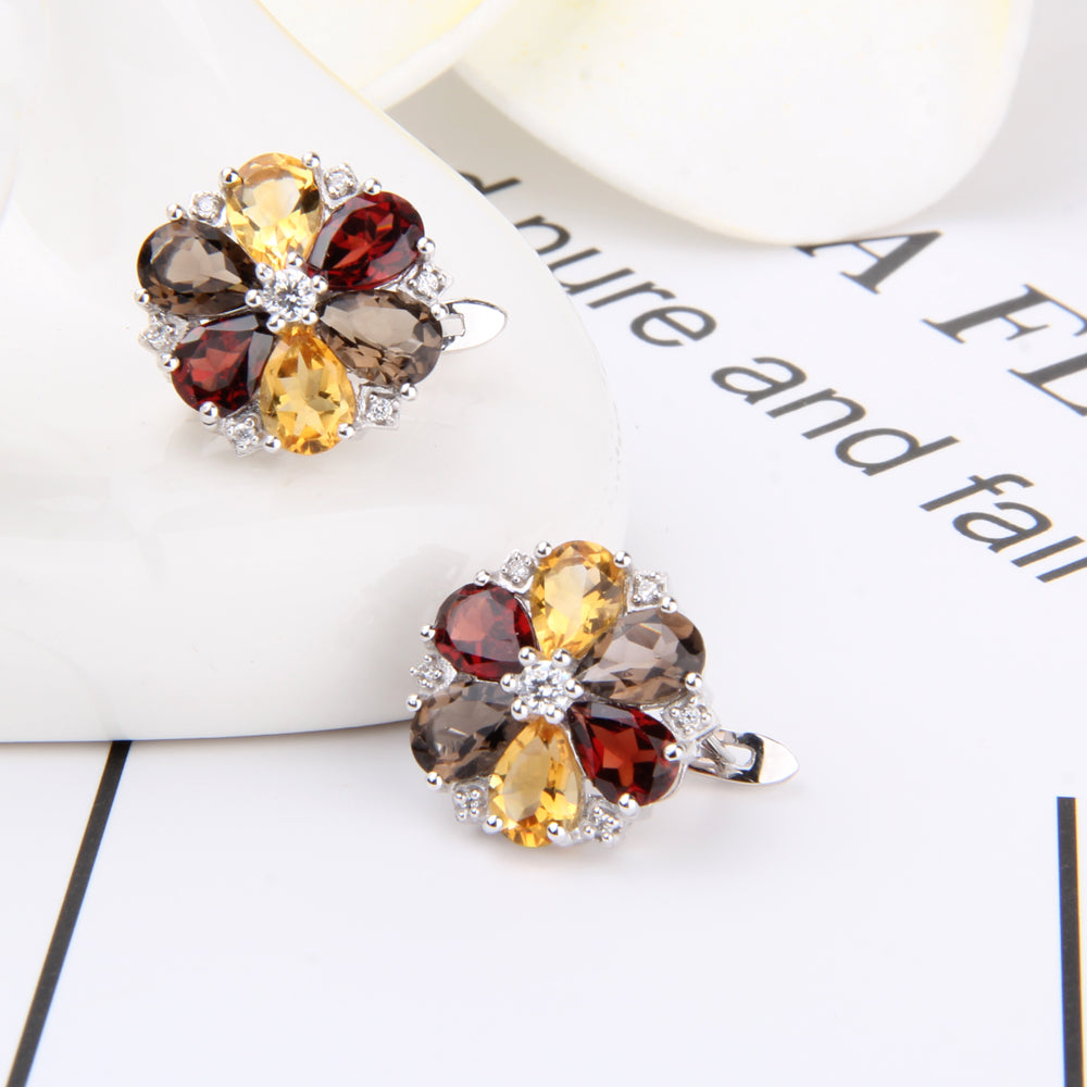 7.72ct Citrine Garnet Smoky Quartz Stone Real 925 Sterling Silver Classic Trendy Flower Shape Women Fine Jewelry