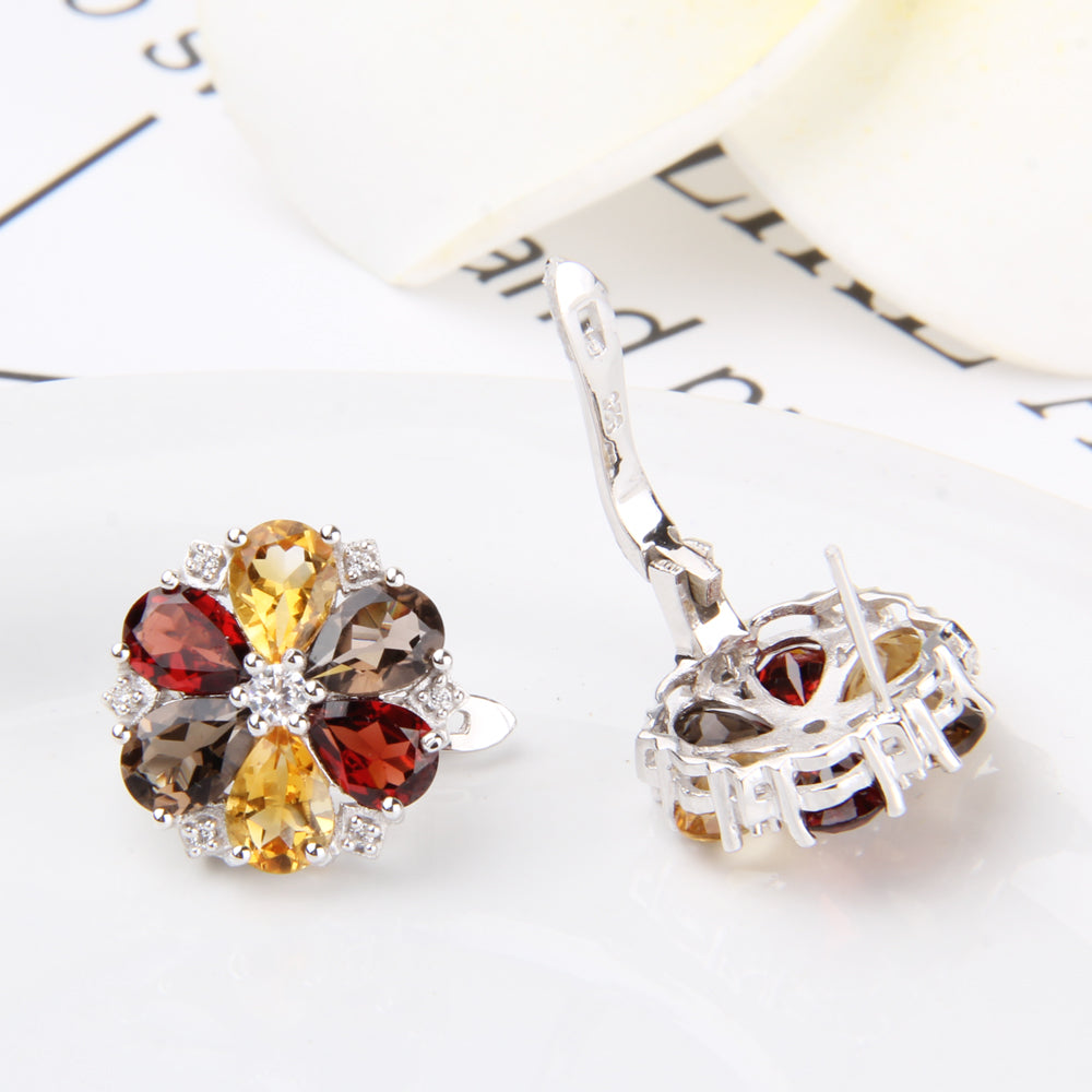 7.72ct Citrine Garnet Smoky Quartz Stone Real 925 Sterling Silver Classic Trendy Flower Shape Women Fine Jewelry