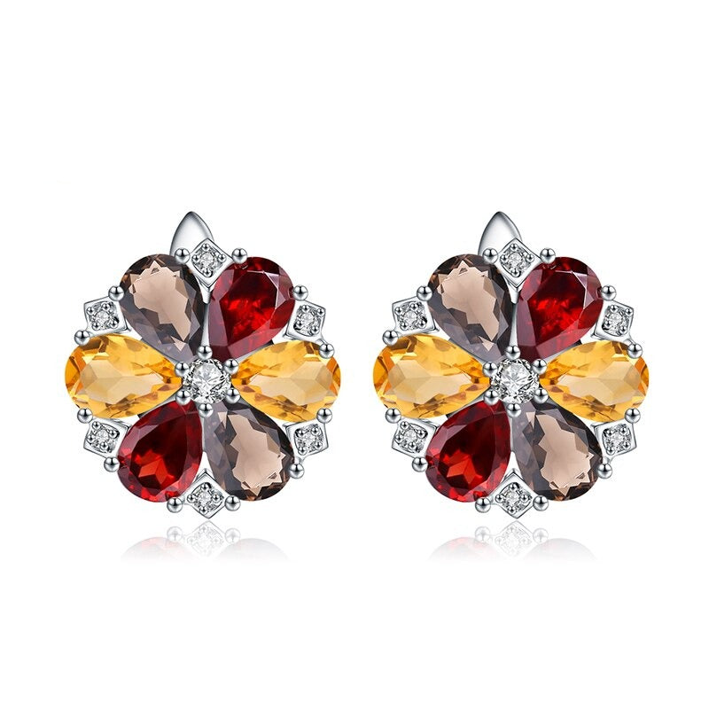 7.72ct Citrine Garnet Smoky Quartz Stone Real 925 Sterling Silver Classic Trendy Flower Shape Women Fine Jewelry